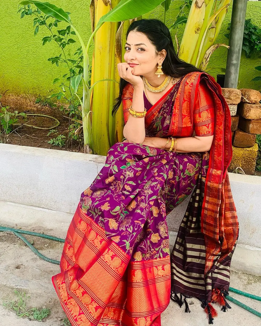 ETV Abhiruchi Madhuri Kandavalli In Traditional Violet Saree Red Blouse